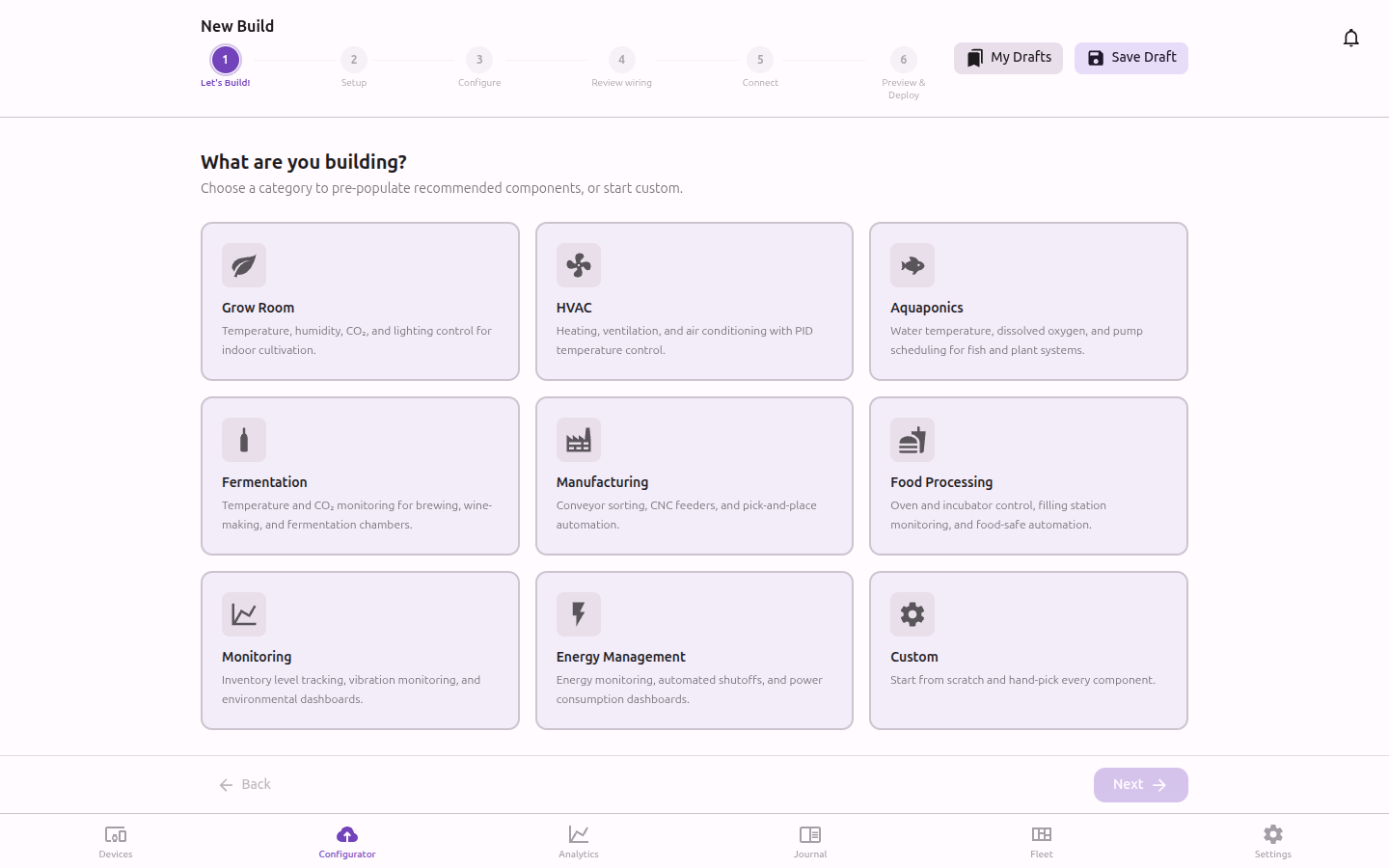 Visual drag-and-drop flow configurator for building automation pipelines