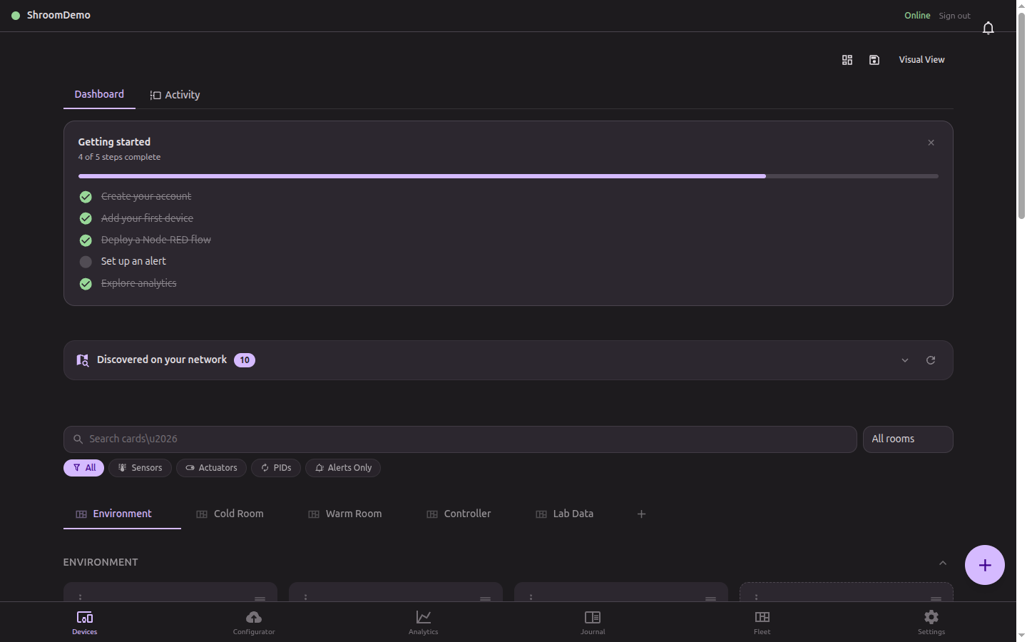 Live sensor dashboard showing room-based organization with sparklines and status indicators